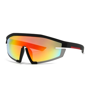 Retro oversized wrap-around sunglasses with red mirrored lenses and matte black frame