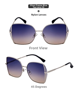 Detailed front and side view of silver metal sunglasses with blue-brown gradient lenses