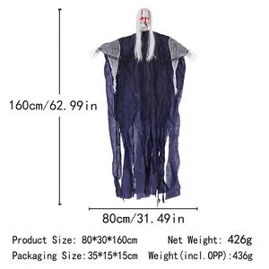 Halloween hanging ghost prop with glowing red eyes, long white hair and 160cm blue robe