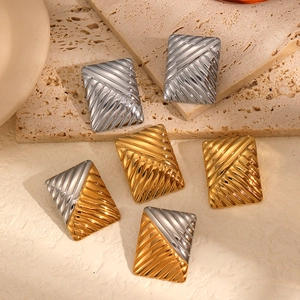 Retro geometric stainless steel rectangle earrings with textured diagonal stripes