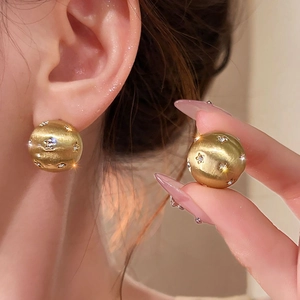 18k gold plated brushed metal ball earrings with star shaped zircon inlays for women