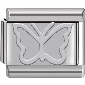 Macro shot of silver stainless steel Italian charm link with embossed butterfly design
