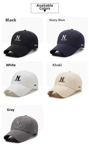 Vertical collage showing baseball caps in black, navy, white, khaki, and grey cotton fabric