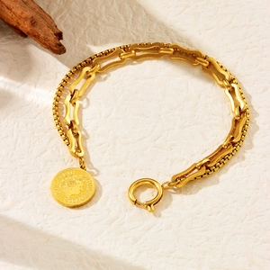 Double-layered gold stainless steel chain bracelet with Elizabeth II coin pendant