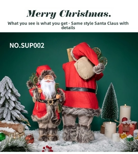Detailed close-up of Santa Claus figures with red fabric outfits and grey plush trim