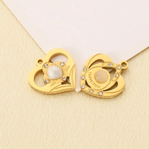 Creative gold heart pendants with zircon and cat's eye stone for DIY jewelry making