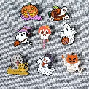8-piece Halloween enamel pin set with ghost and pumpkin motifs on denim background