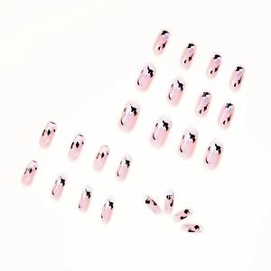 Minimalist cream blue and white press-on nails with cow pattern in long oval shape