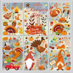 Thanksgiving window clings featuring pumpkin gnome and turkey decorations for glass window