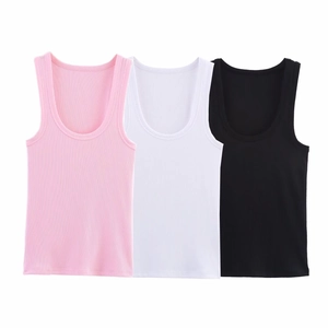 Three-pack ribbed tank tops for women in pink, white, and black basic colors