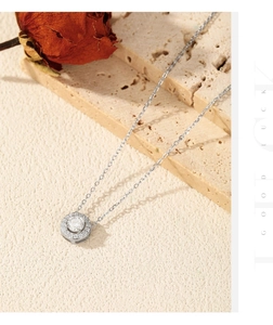 Close-up of D color moissanite round halo pendant on a textured stone with dry roses