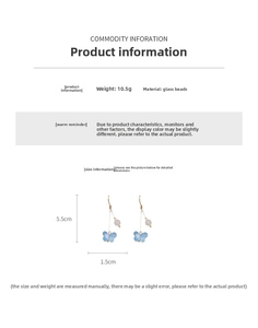 Detail view of blue butterfly earring with size and weight info, glass bead material