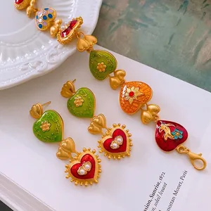 Vintage Heart Jewelry Set Alloy Enamel Imitation Artificial Pearl Colorful Palace Style Women With 925 Sterling Silver Earring Post