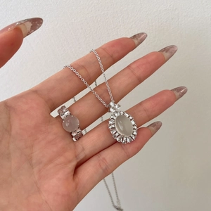 Exquisite S925 sterling silver jewelry set with oval jadeite and diamonds for weddings