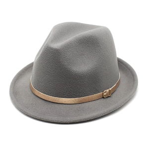 Classic grey wool fedora hat with gold buckle band for women in minimalist style