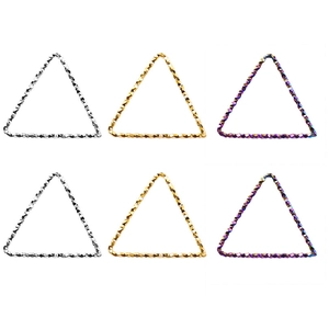 Detailed view of triangular 304 stainless steel pendants in gold, silver and rainbow finish