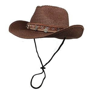 Women Straw Cowboy Hat Western Ethnic Style Sun Protection Beach Travel With Coin Pendants And Windproof Rope