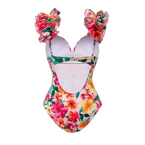 Floral ruffles backless one piece swimsuit with tropical print and metal buckle