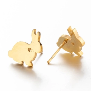 Golden rabbit stud earrings with heart cutout design shown from front and back view