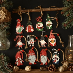 Christmas Wooden Gnome Ornaments Painted Hanging Figurines With Wooden Box Hemp Rope For Tree Decor Festive Gift