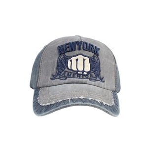 Unisex washed cotton baseball cap with New York fist embroidery and distressed brim