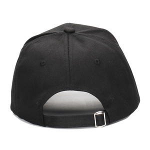 Rear view of black cotton baseball cap featuring adjustable silver metal buckle strap