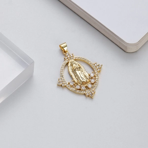 Detail of 14K gold plated Virgin Mary pendant with sparkling pavé zircon stones