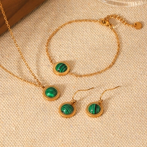 French vintage stainless steel jewelry set with round green malachite stones