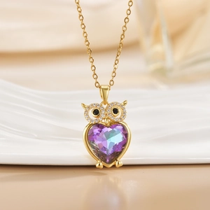 Golden owl pendant necklace with heart-shaped multi-color crystal for women