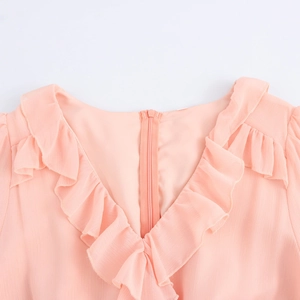 Pink V-neck French ruffle dress featuring elegant flared sleeves and soft chiffon fabric