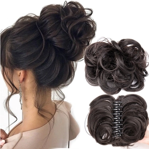 Synthetic hair bun claw clip messy curly hair extension dark brown stylish lovely