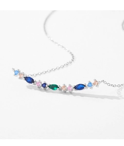 Macro shot of silver S925 necklace with colorful micro-inlaid marquise crystals