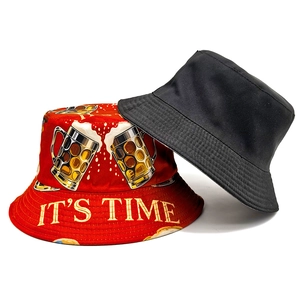 Red beer pattern bucket hat with IT'S TIME text and minimalist black fisherman sun hat