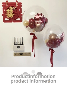 Close-up of clear 18-inch bubble balloon with red and gold latex inserts and Xi decal