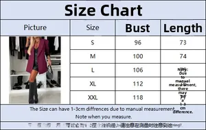 Size chart showing bust and length measurements for women's casual purple blazer jacket
