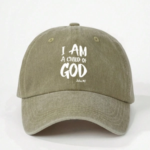 Olive khaki washed cotton baseball cap with white I Am A Child of God text print