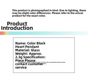 Specifications chart for glass heart pendants showing material weight and size details
