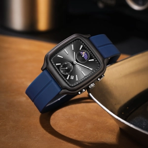 Montre carrée tendance avec bracelet silicone phase de lune et affichage calendrier