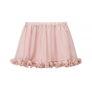 Detail of pink chiffon skirt featuring elastic waist and layered ruffle hemline