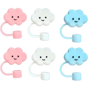 Detailed view of colorful cloud-shaped silicone straw covers with cute smiley faces