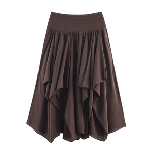 Jupe Midi Vintage Femme Taille Haute À Volants Superposés Asymétrique Taille Élastique Smokée Marron Café Polyester Streetwear