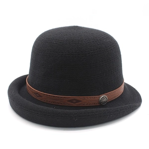 Elegant black wool cloche hat for women with brown leather band and retro button