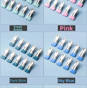 Detail of stainless steel clothespins with colorful non-slip rubber tips in four colors