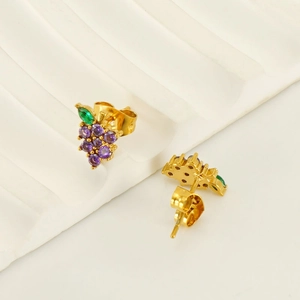 Grape-shaped stainless steel stud earrings with purple zircons and green leaf detail