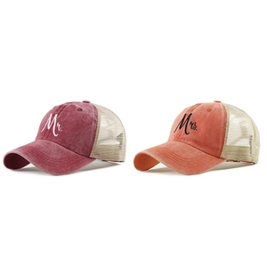 Matching American vintage MR and MRS embroidered washed cotton trucker mesh baseball caps