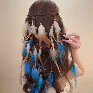Böhmisches Federstirnband mit Holzperlen und langen Quasten für ethnische Looks