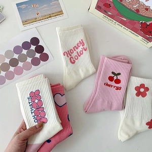 Pink and white cotton crew socks with cherry and heart embroidery in sweet ins style