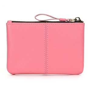 Pink vintage crazy horse leather coin purse with zipper closure and parallel stitching