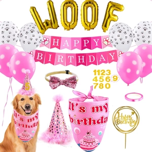 Pink dog birthday party set with WOOF balloons, bandana, party hats and cake topper kit