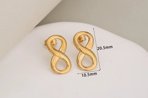 Detailed view of gold infinity stud earrings with measurements 20.5mm by 10.5mm